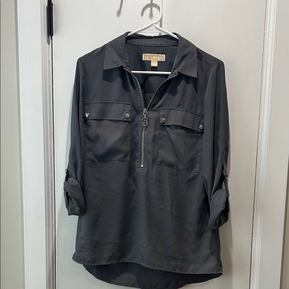 Olive Gray Zip-Up Blouse